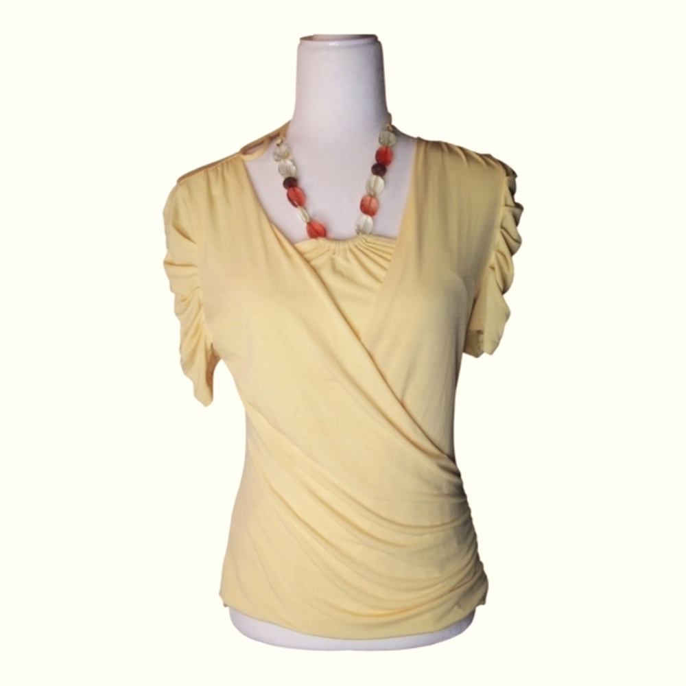 BCX Yellow Cap Sleeve Wrap Blouse with Ruched Accents